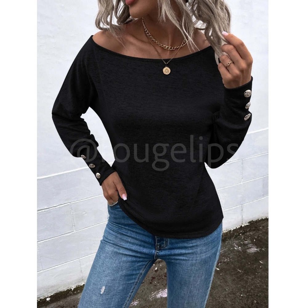 Black One Cold Shoulder Asymmetric Boat Neck Long Sleeve Tee Shirt - Picture 5 of 9